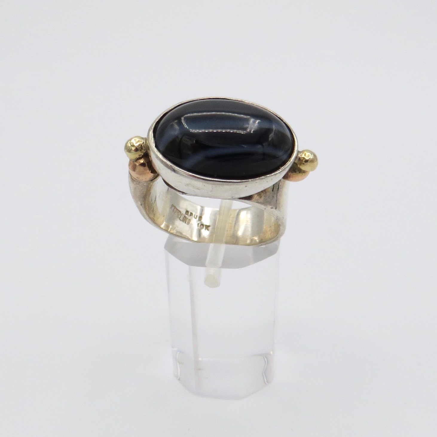 Silver, 14kt Gold & Agate Ring