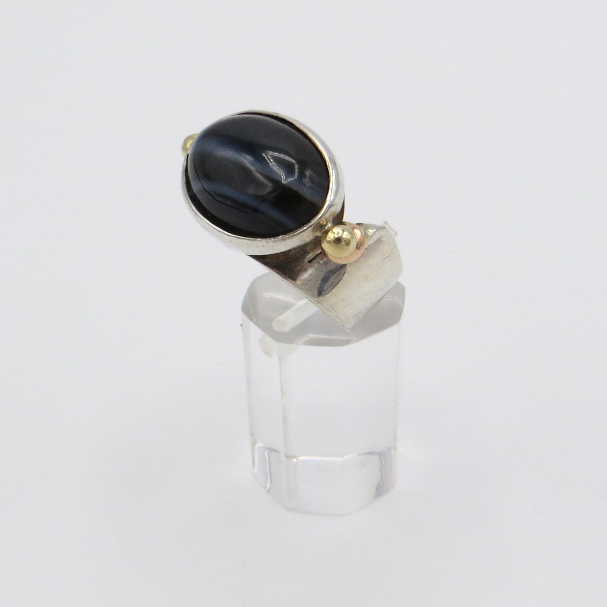 Silver, 14kt Gold & Agate Ring