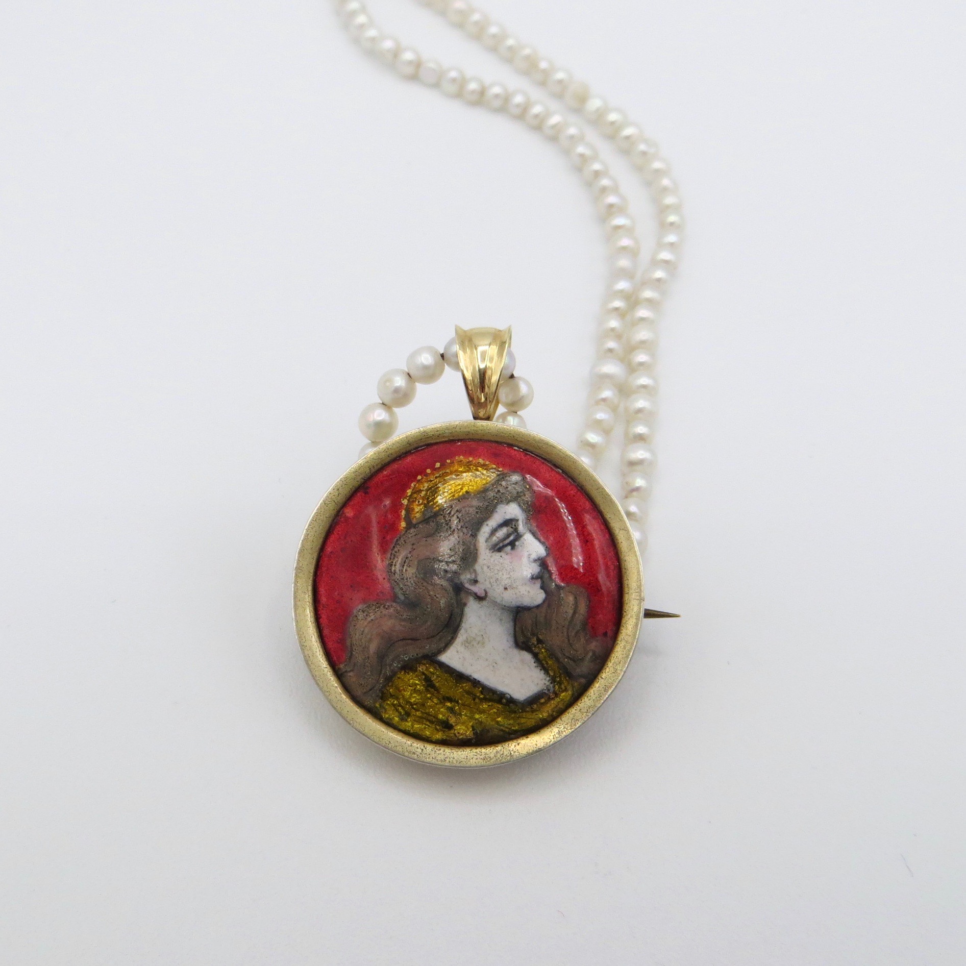 French Enamel Pendant on Freshwater Pearl Strand