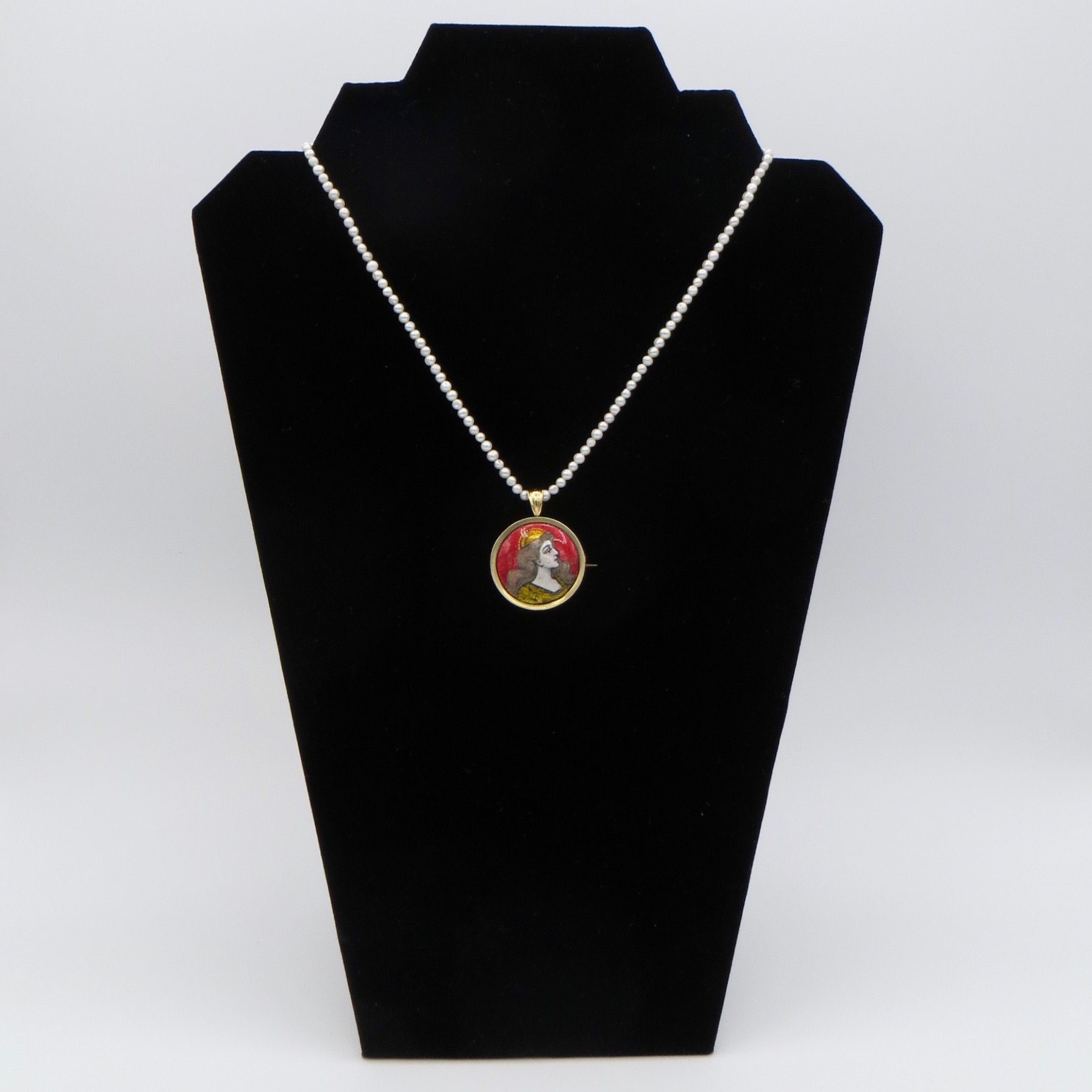 French Enamel Pendant on Freshwater Pearl Strand