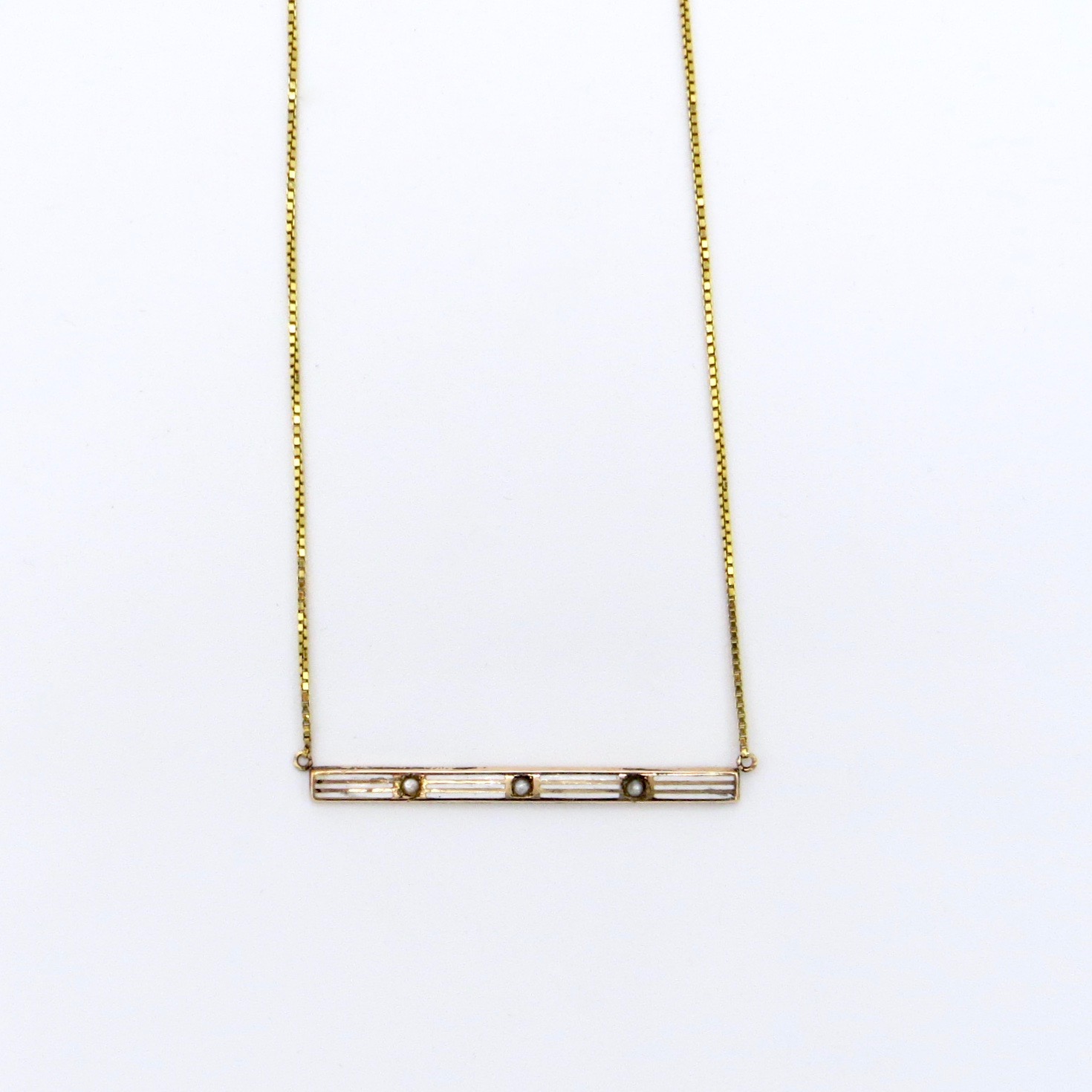 14kt Gold & White Striped Enamel Necklace (GF Chain)