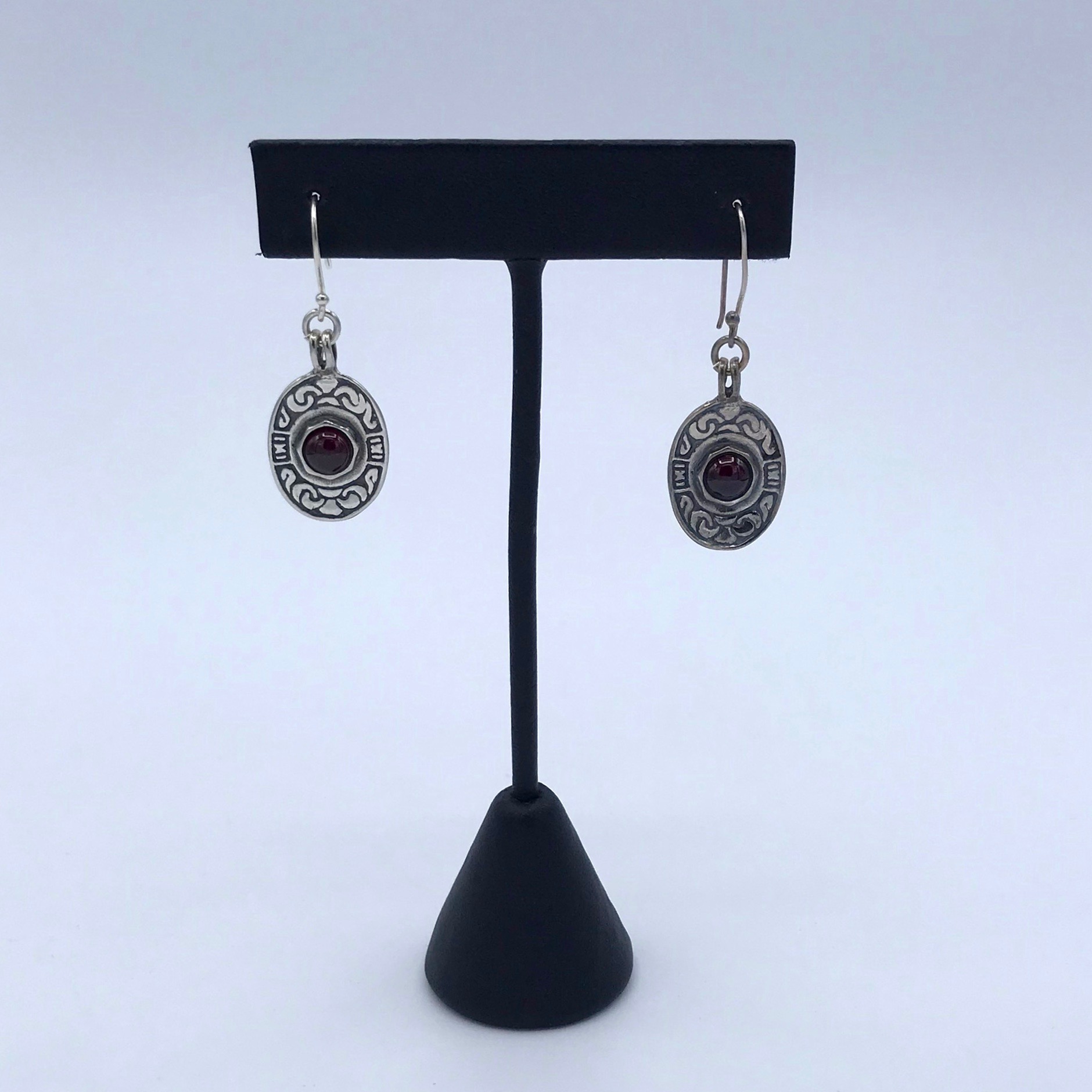 Silver & Garnet Oval Earrings