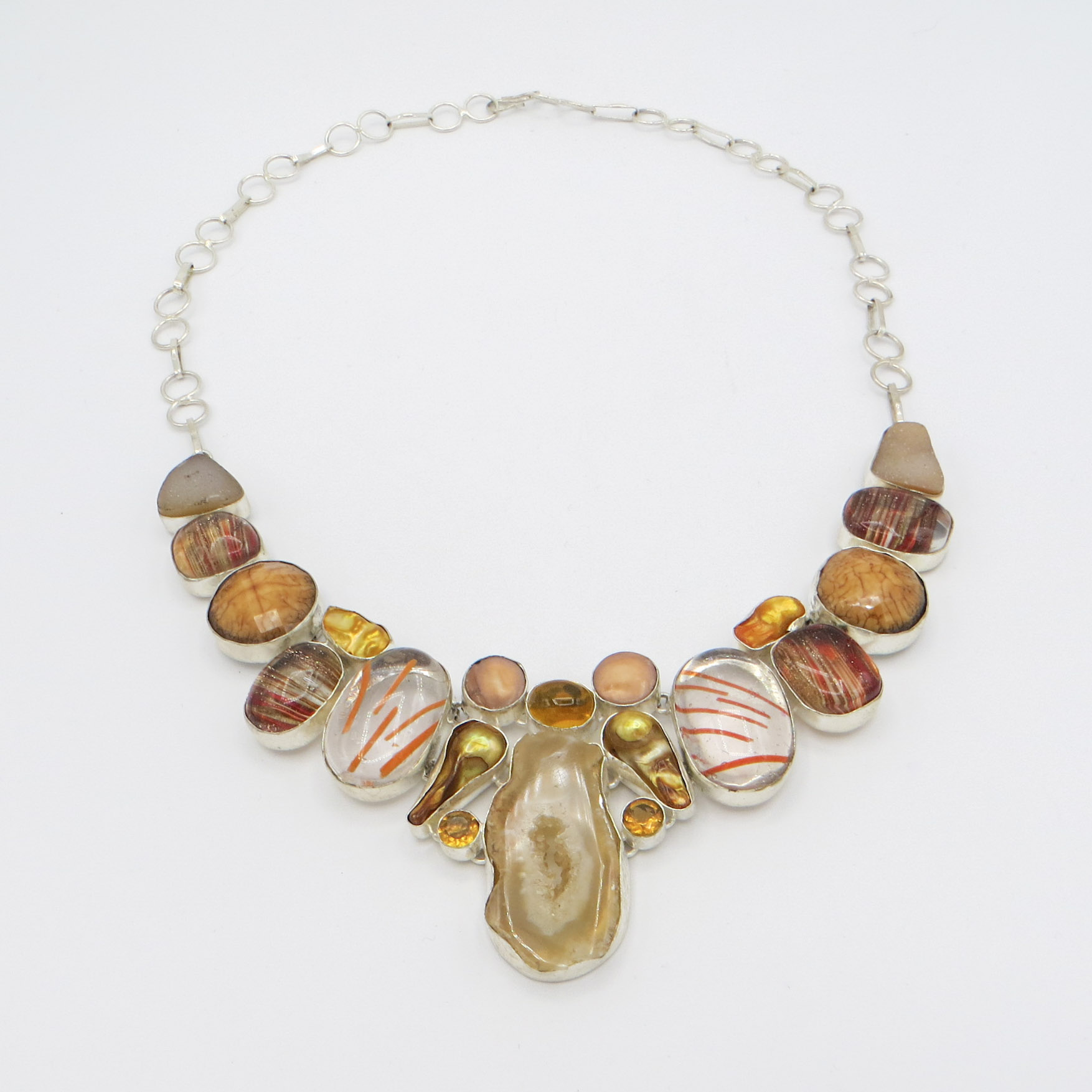 Orange Quartz, Murano Glass & Pearl Necklace