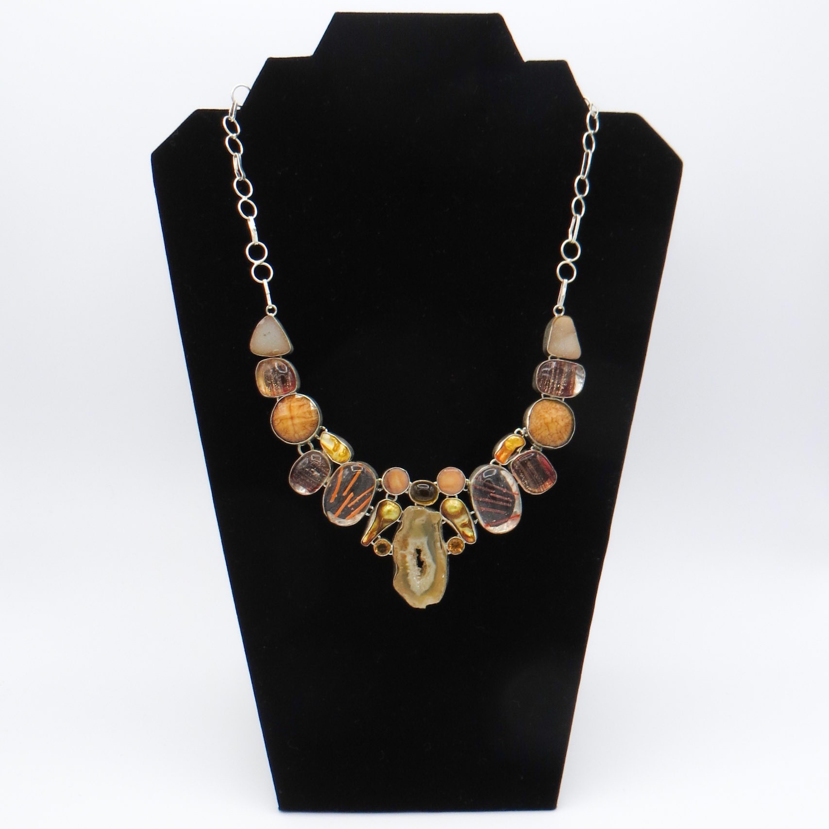 Orange Quartz, Murano Glass & Pearl Necklace