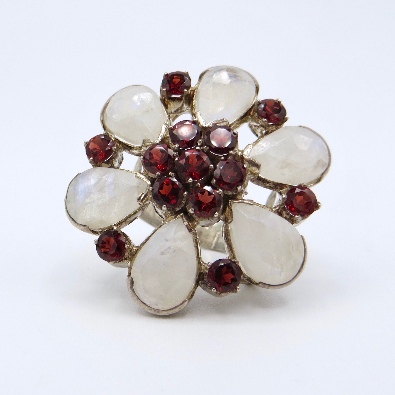 Silver, Garnet & Moonstone Floral Ring