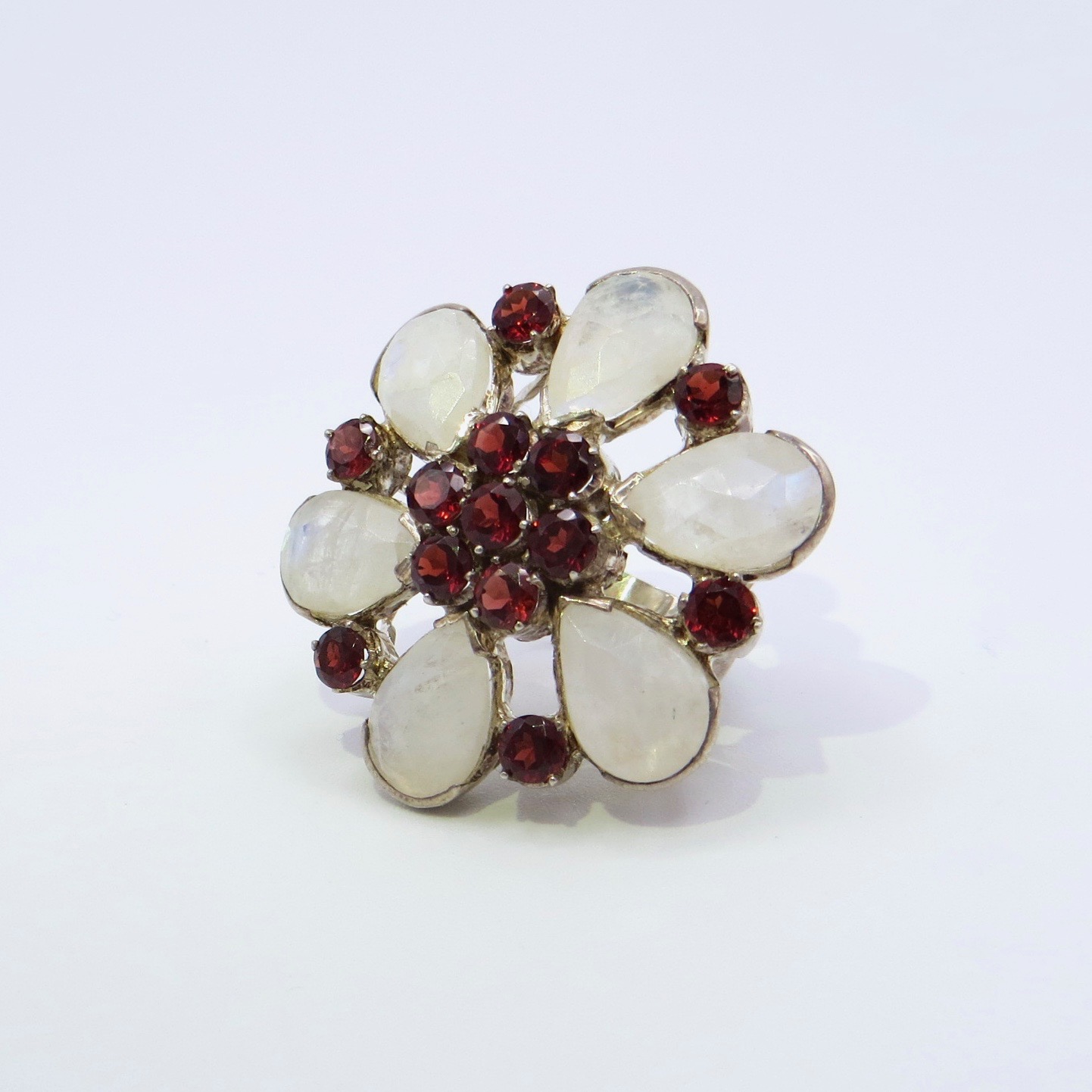 Silver, Garnet & Moonstone Floral Ring