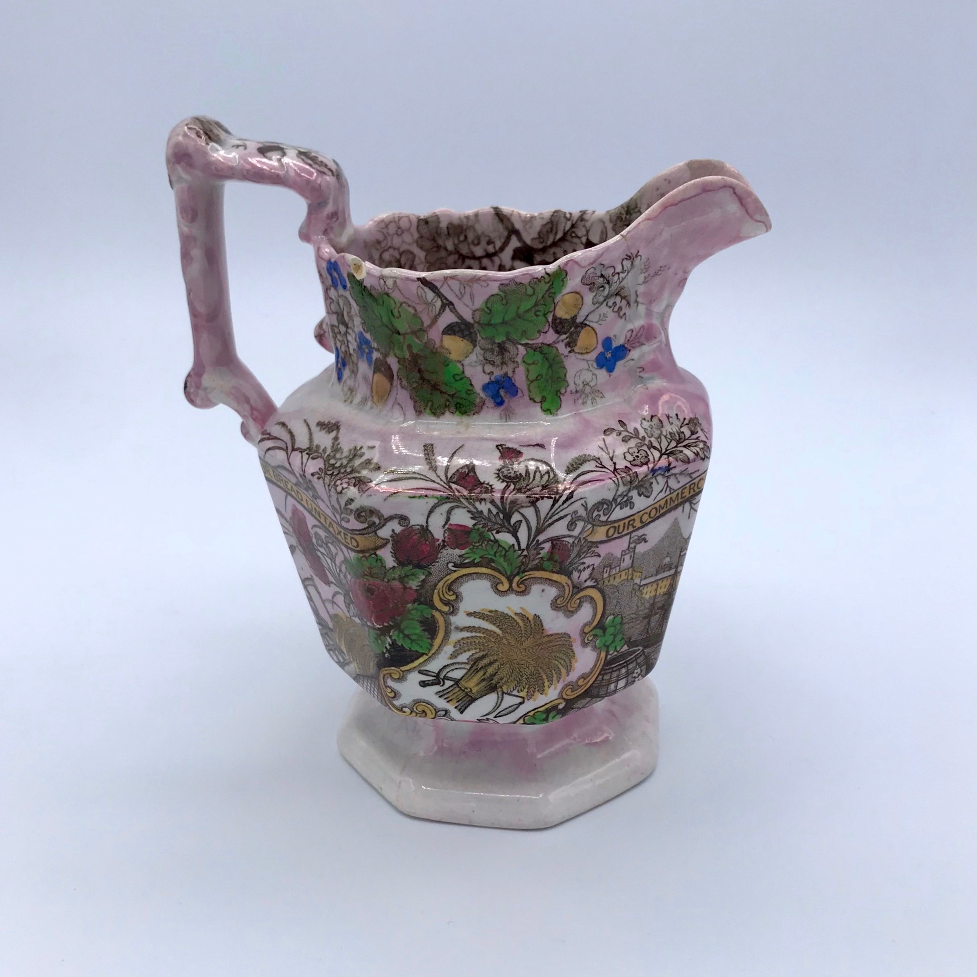 "Our Bread Untaxed" Pink Lustre Jug