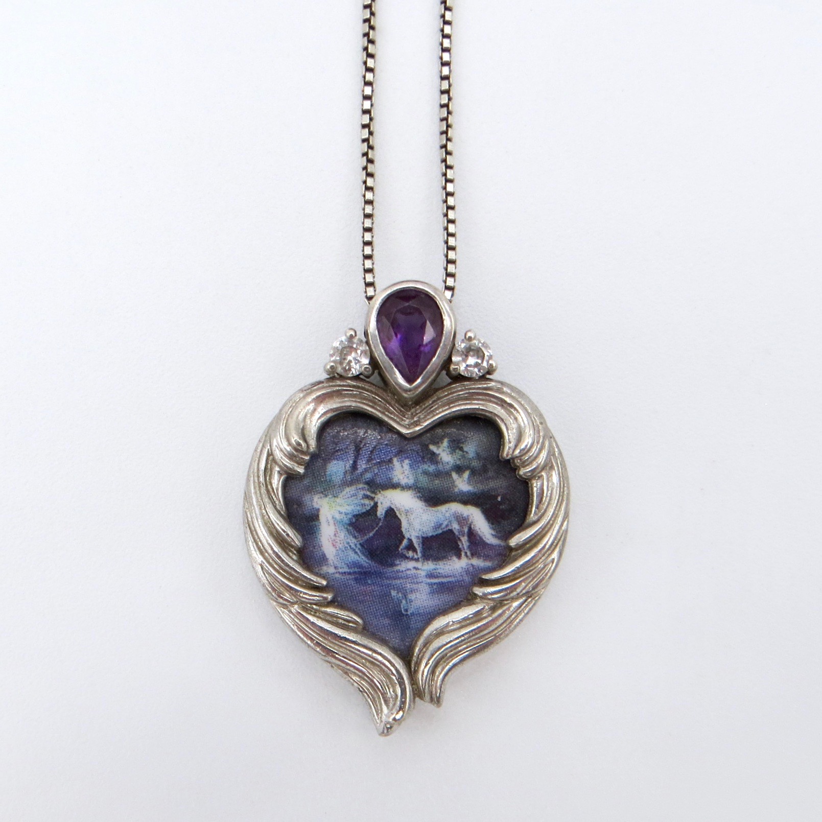 Silver & Amethyst Unicorn Heart Pendant