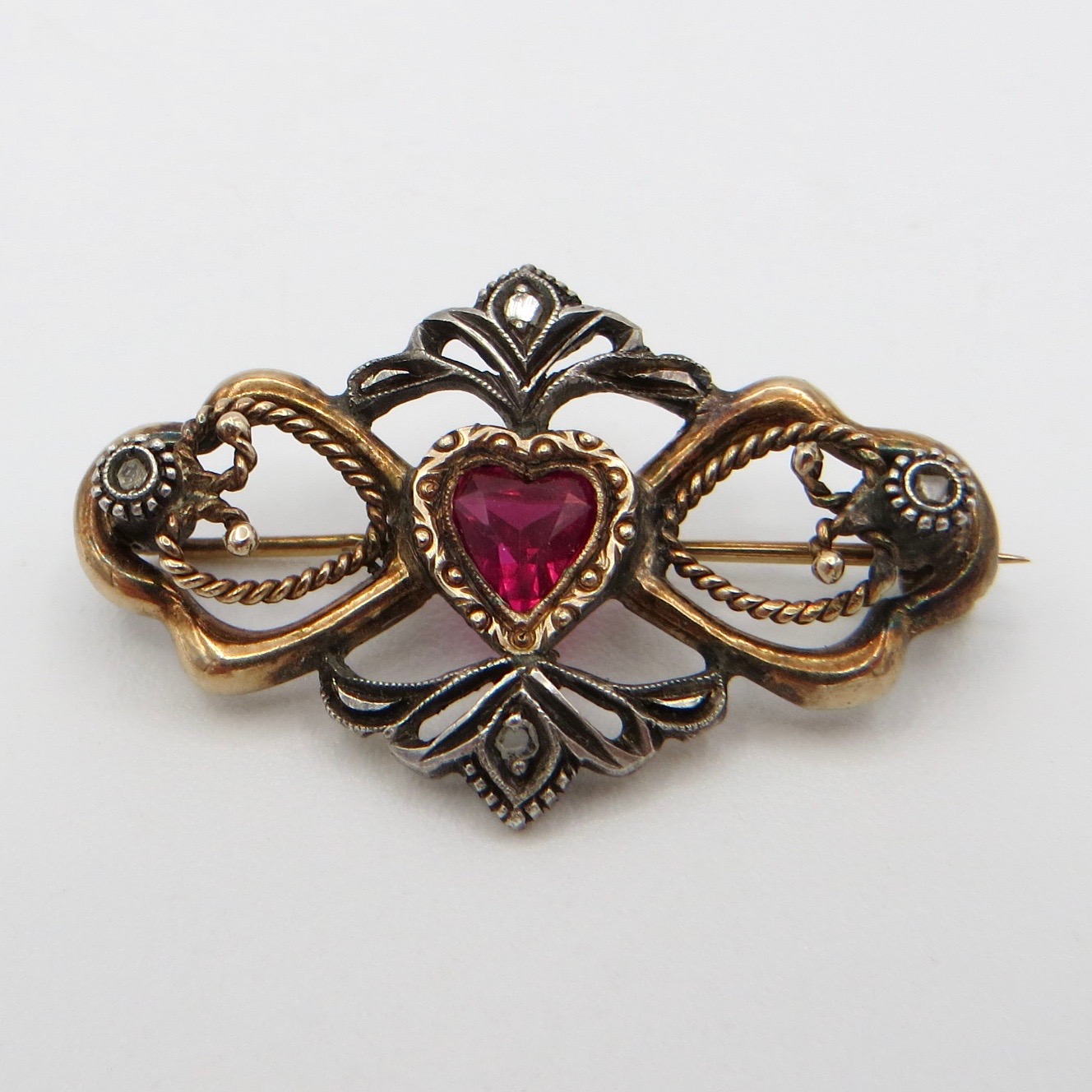 Gold, Silver & Diamond Heart Brooch