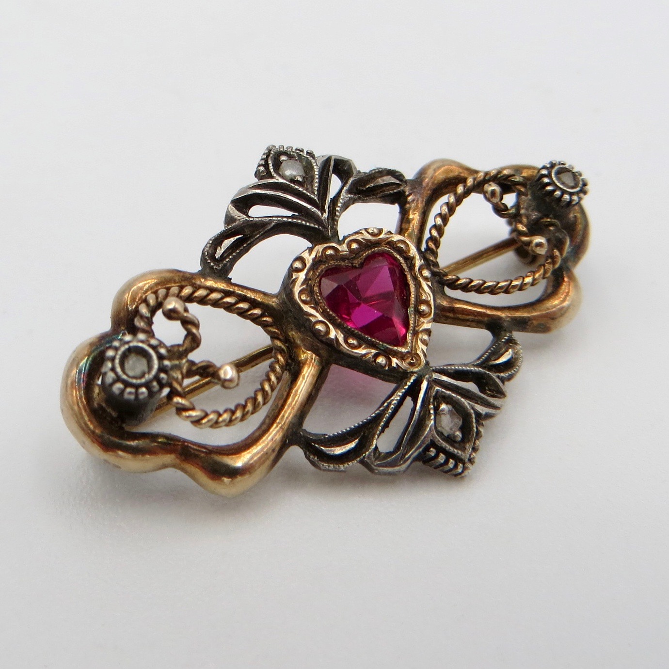 Gold, Silver & Diamond Heart Brooch