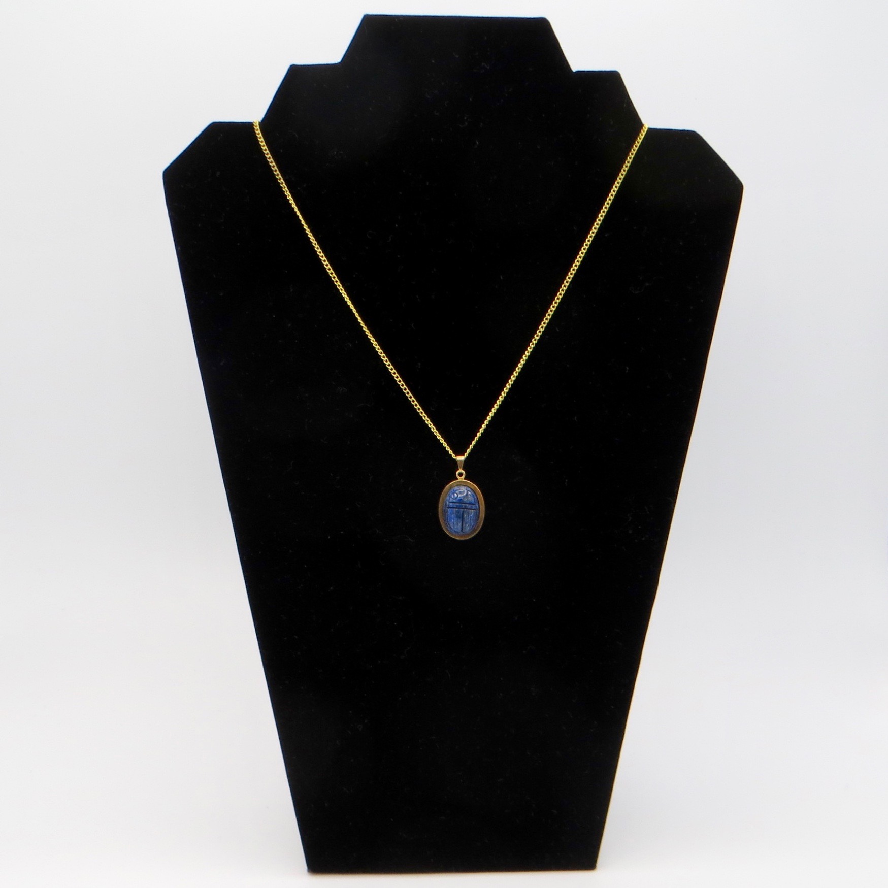 1950s Gold-Filled Carved Sodalite Scarab Necklace