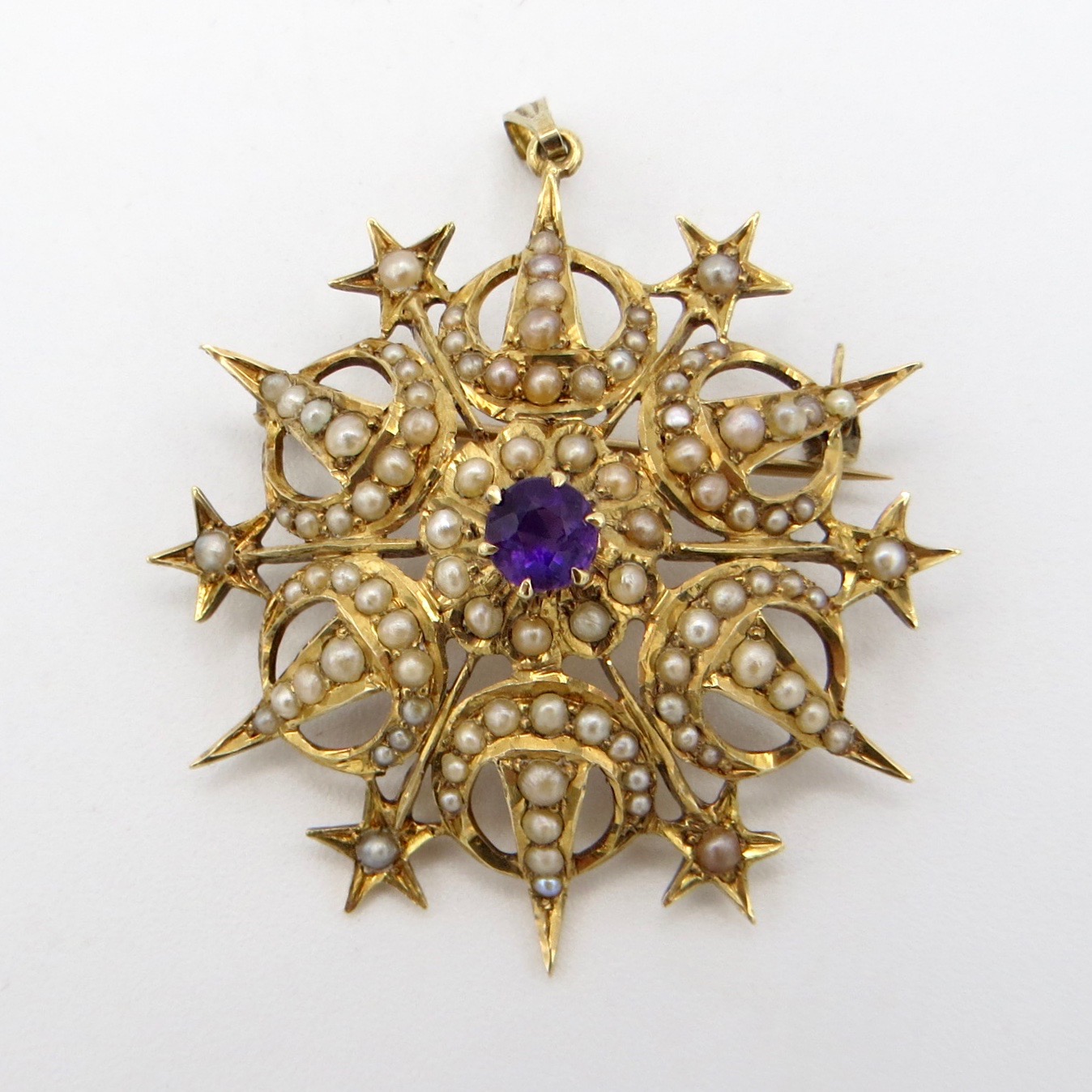 14kt Gold, Pearl & Amethyst Celestial Brooch