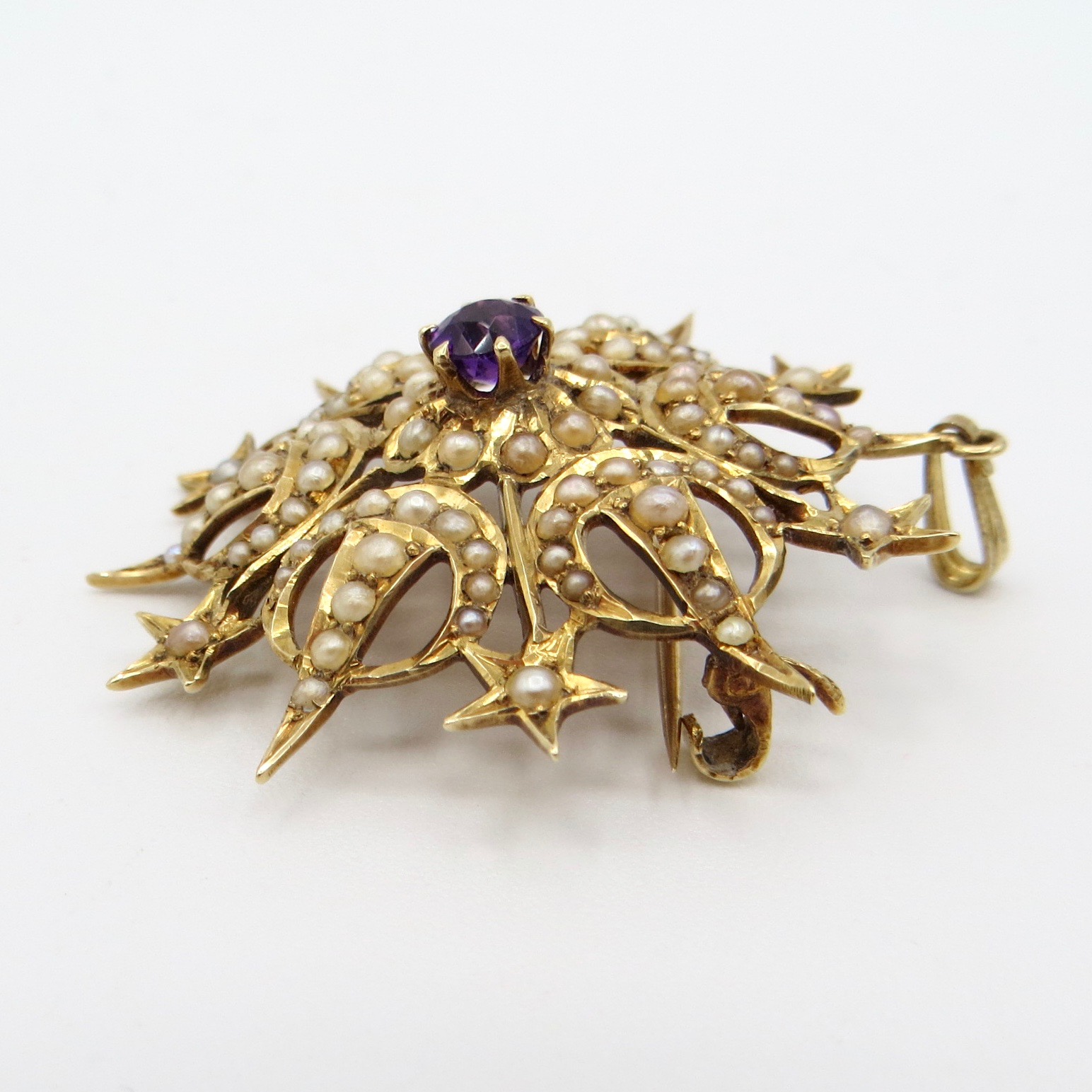 14kt Gold, Pearl & Amethyst Celestial Brooch