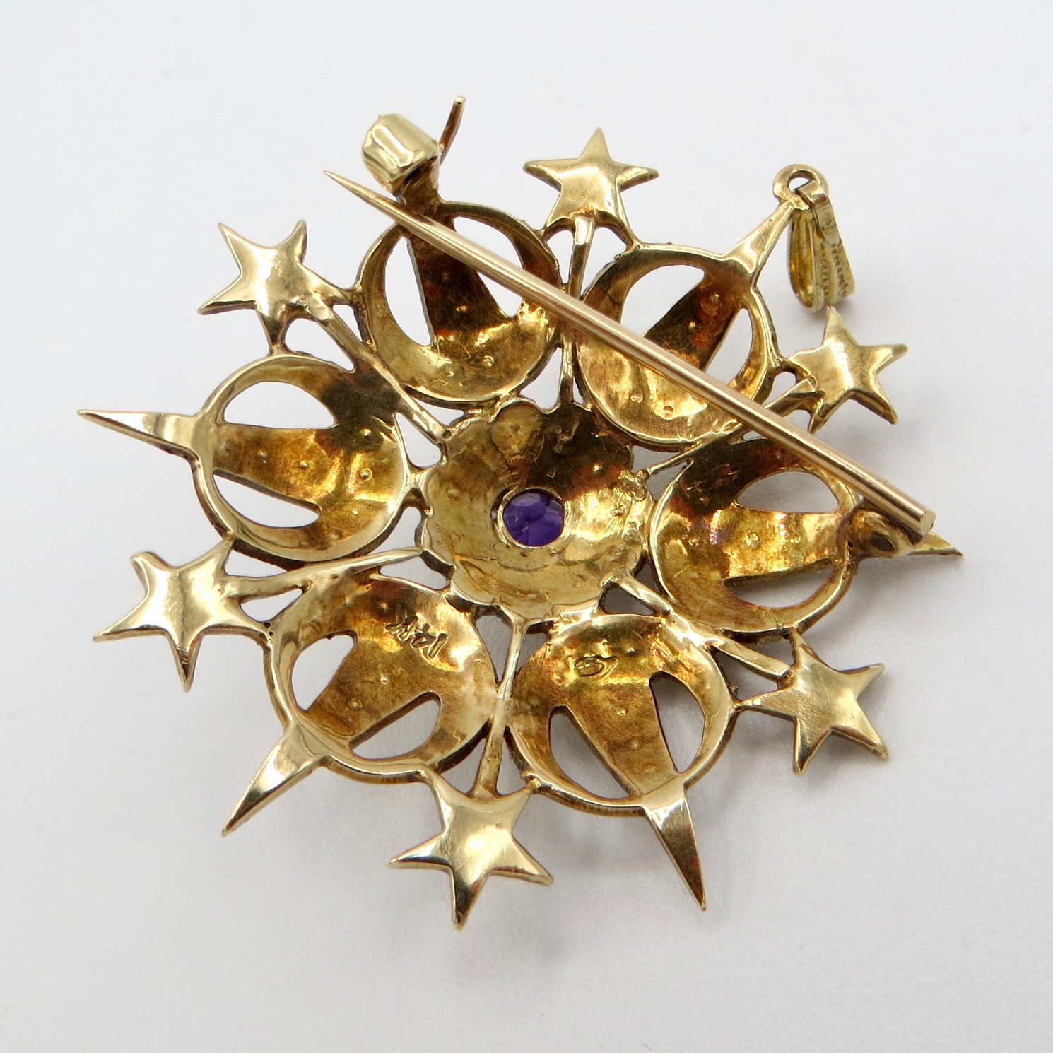 14kt Gold, Pearl & Amethyst Celestial Brooch