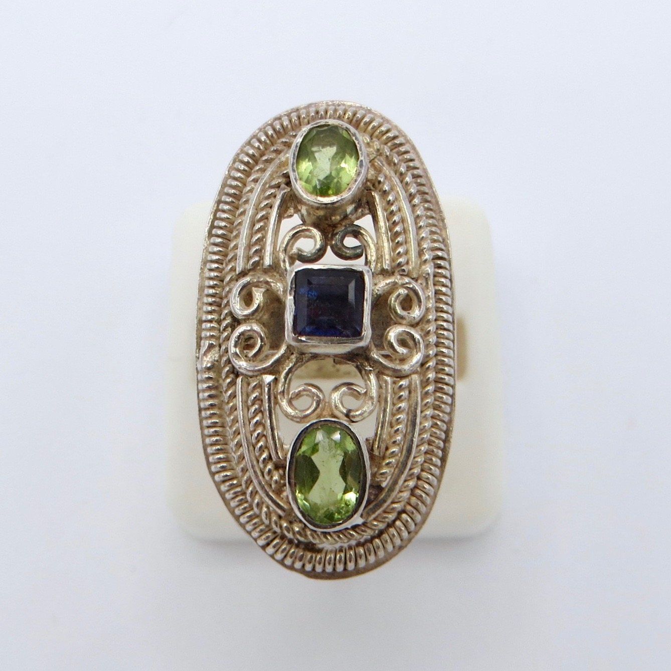 Sterling Silver Filigree Ring with Peridot and Iolite