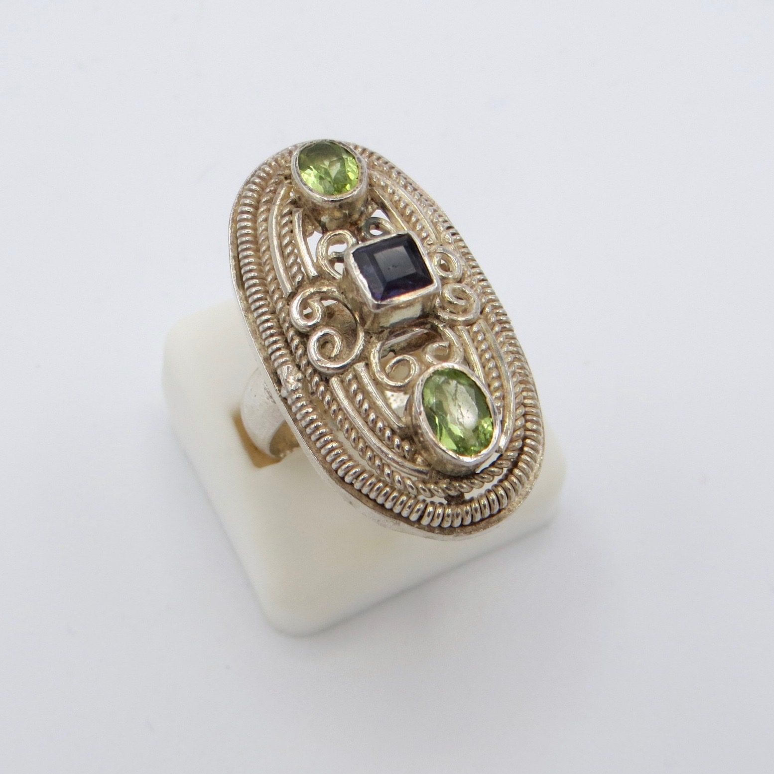Sterling Silver Filigree Ring with Peridot and Iolite