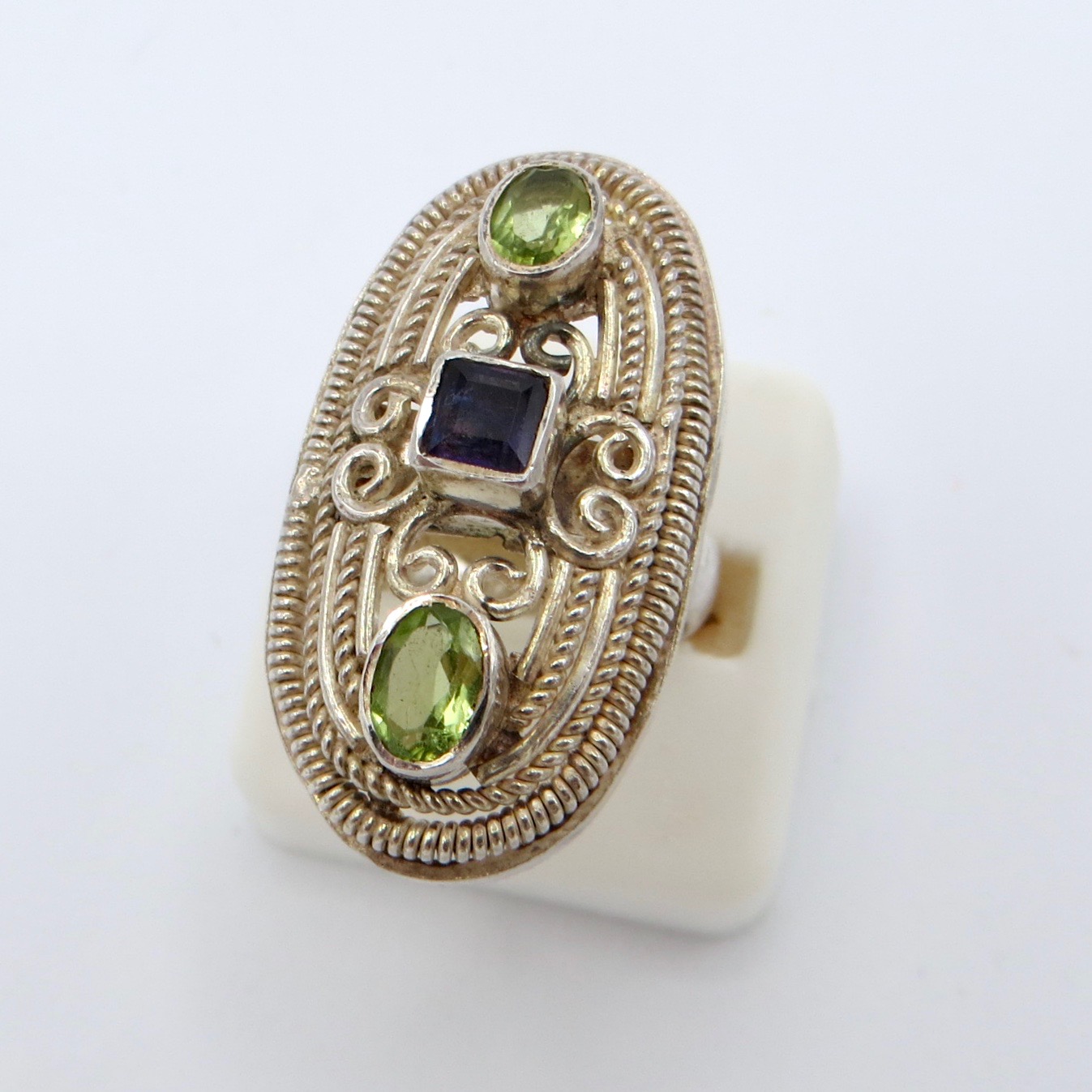 Sterling Silver Filigree Ring with Peridot and Iolite