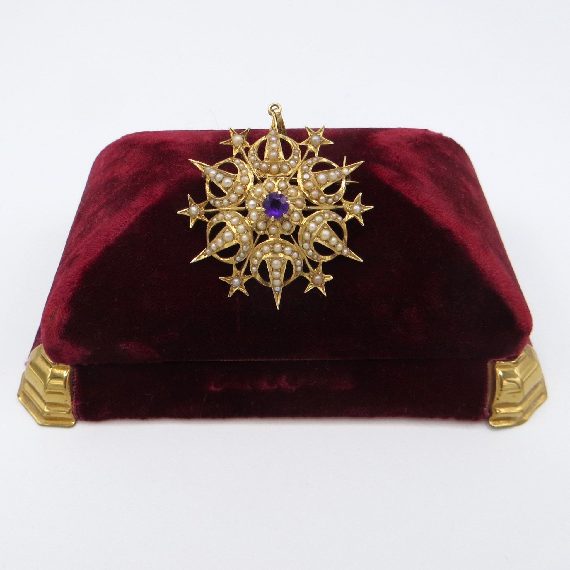 14kt Gold, Pearl & Amethyst Celestial Brooch