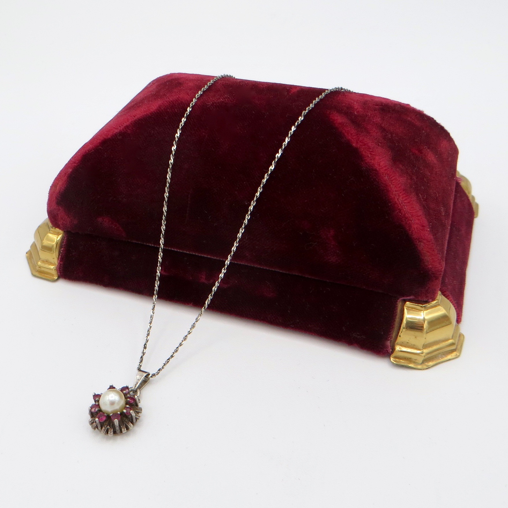Silver Necklace with Ruby and Pearl Pendant