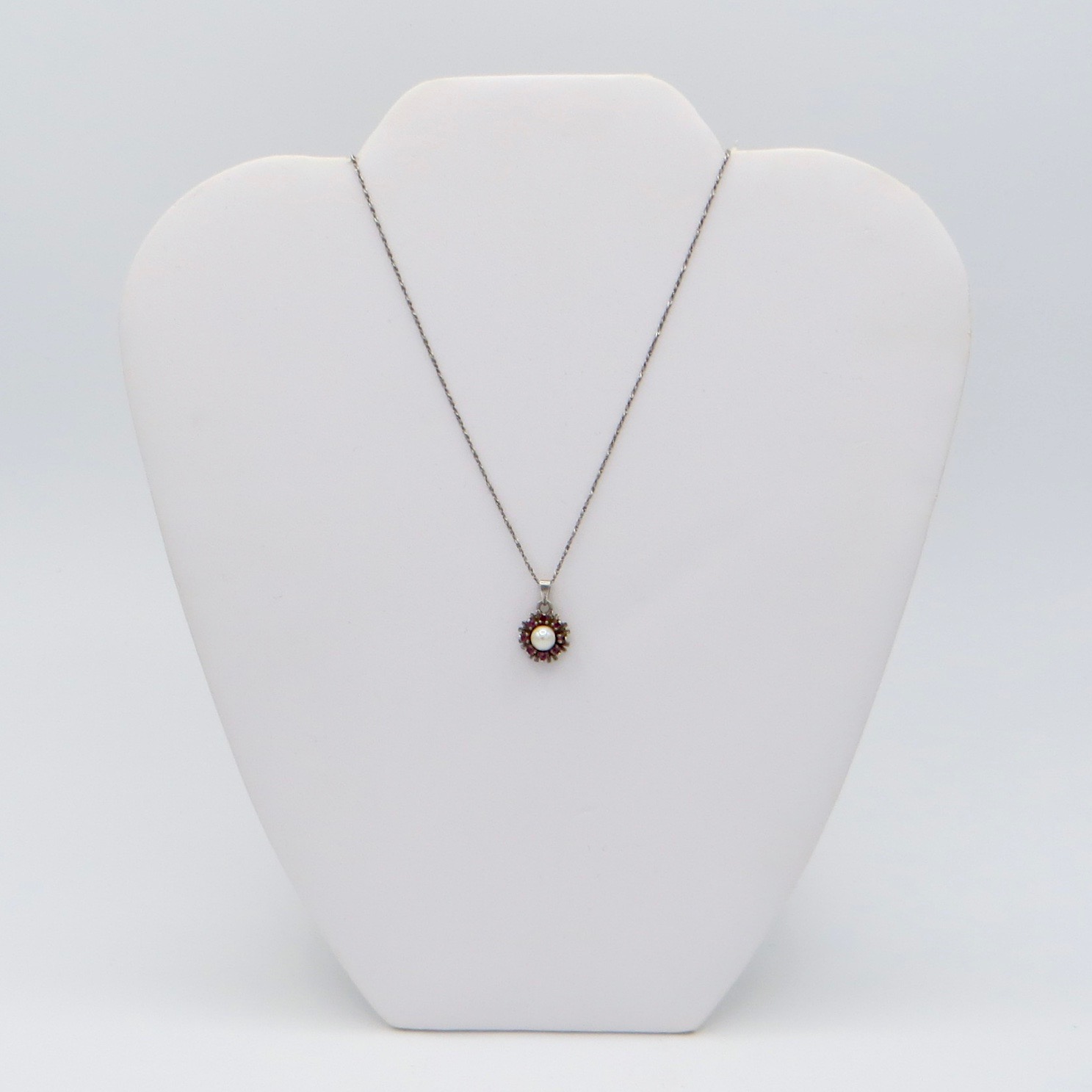 Silver Necklace with Ruby and Pearl Pendant