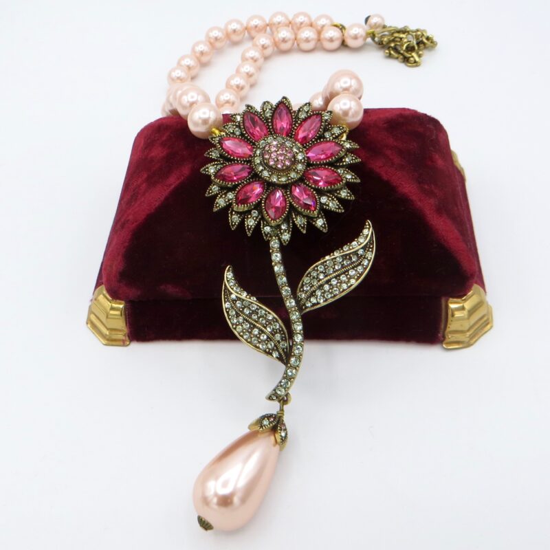 Faux Pink Pearl Necklace with Floral Drop