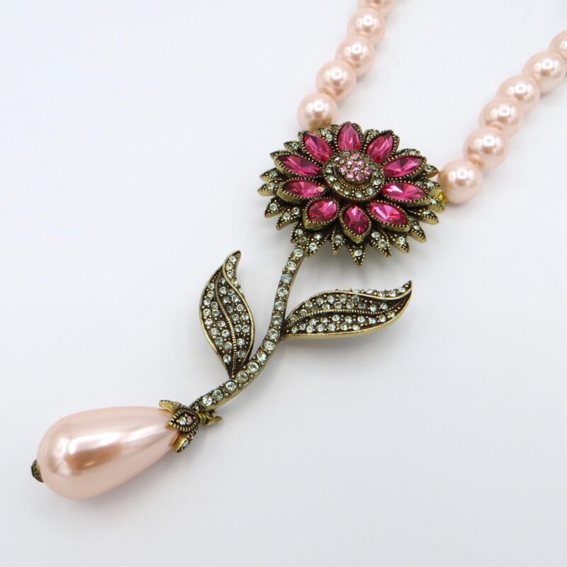 Faux Pink Pearl Necklace with Floral Drop
