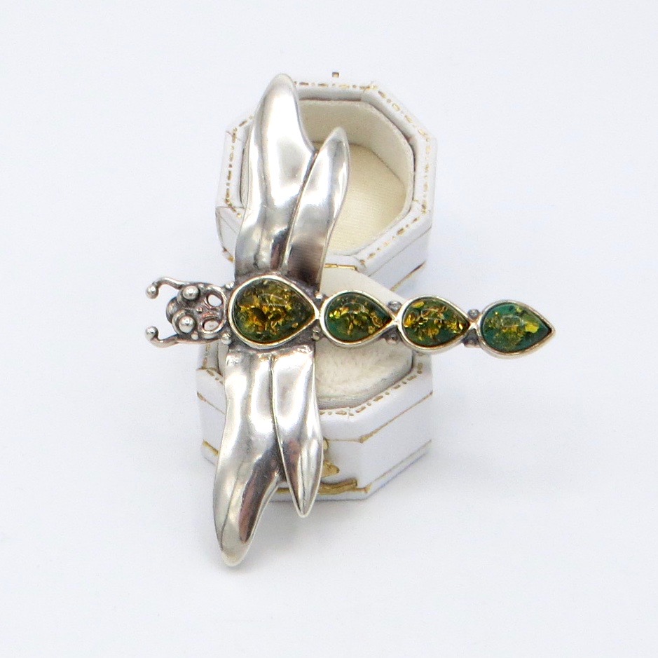 Silver and Amber Dragonfly Brooch