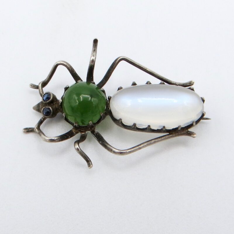 Silver, Moonstone and Jade Insect Brooch