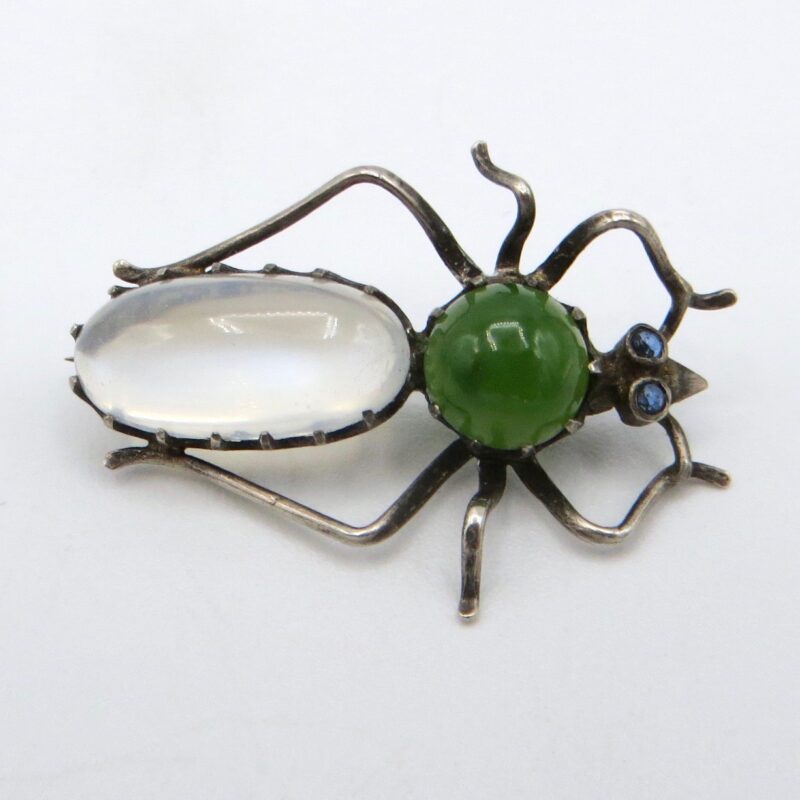 Silver, Moonstone and Jade Insect Brooch