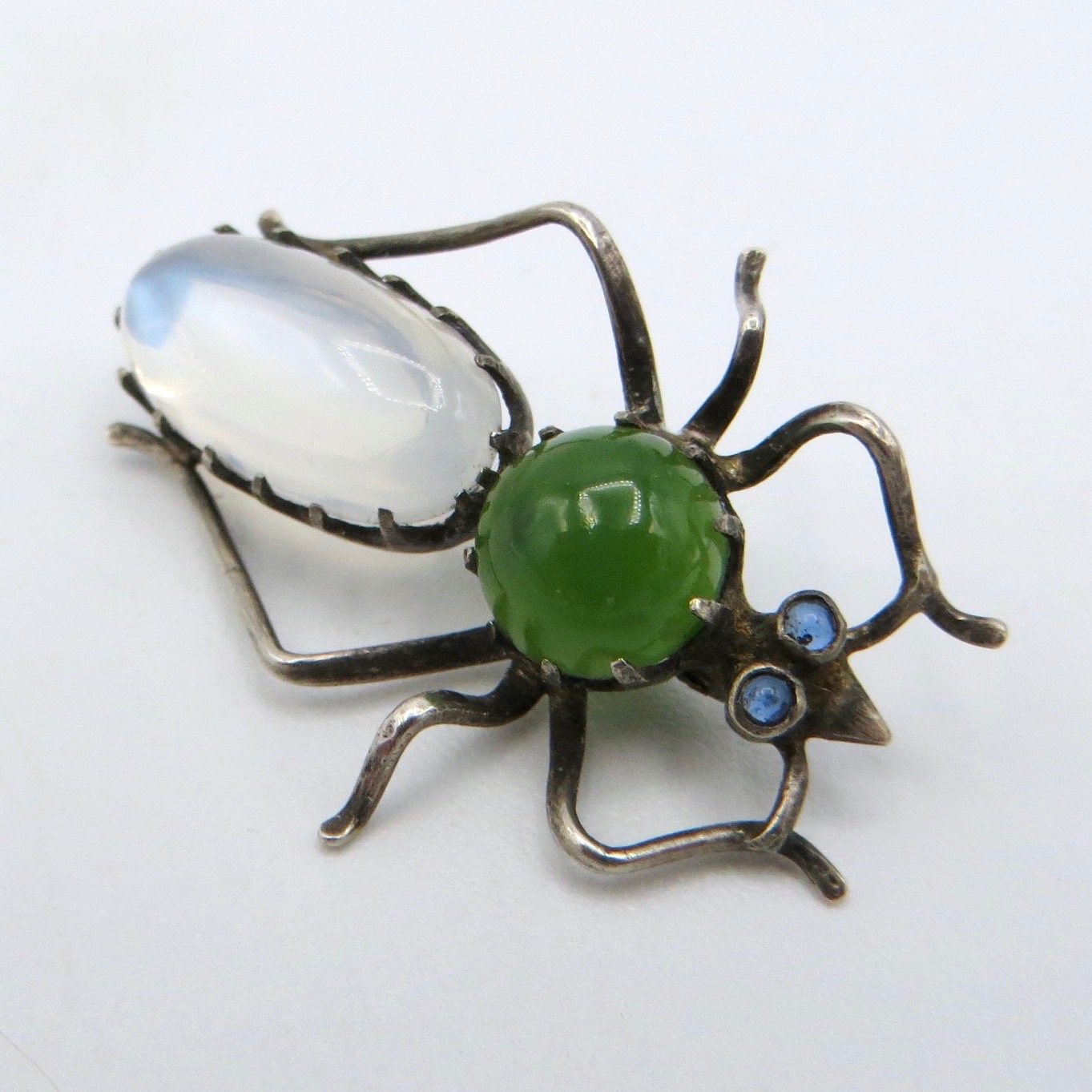 Silver, Moonstone and Jade Insect Brooch