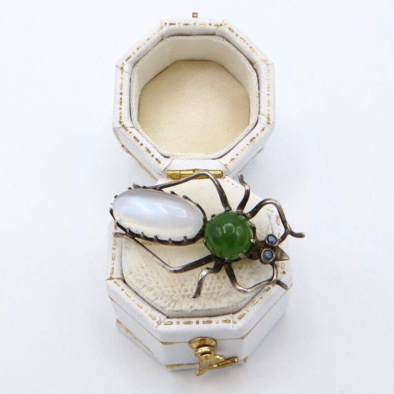 Silver, Moonstone and Jade Insect Brooch