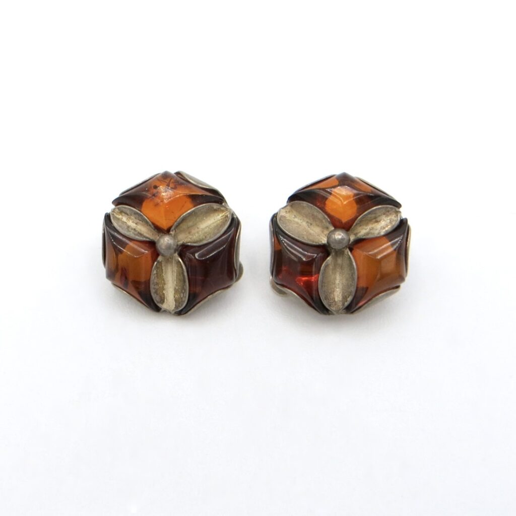 Silver and Amber Clip-On Earrings