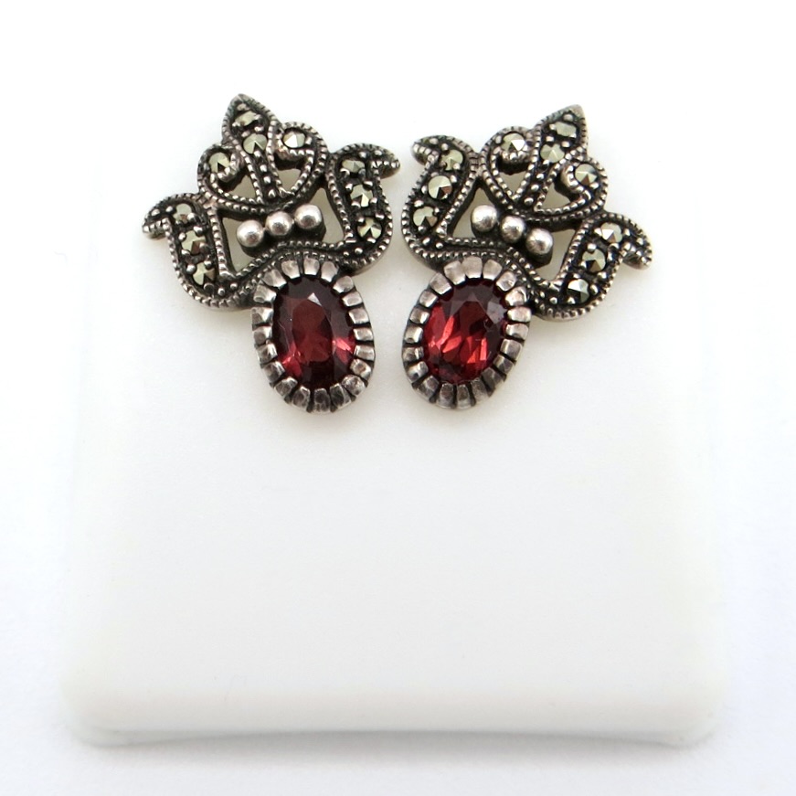 Silver, Garnet and Marcasite Earrings