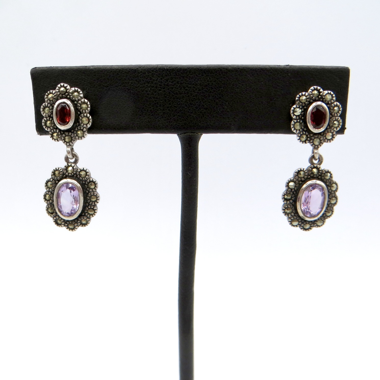 Silver, Garnet, Amethyst and Marcasite Earrings