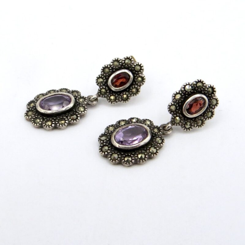 Silver, Garnet, Amethyst and Marcasite Earrings