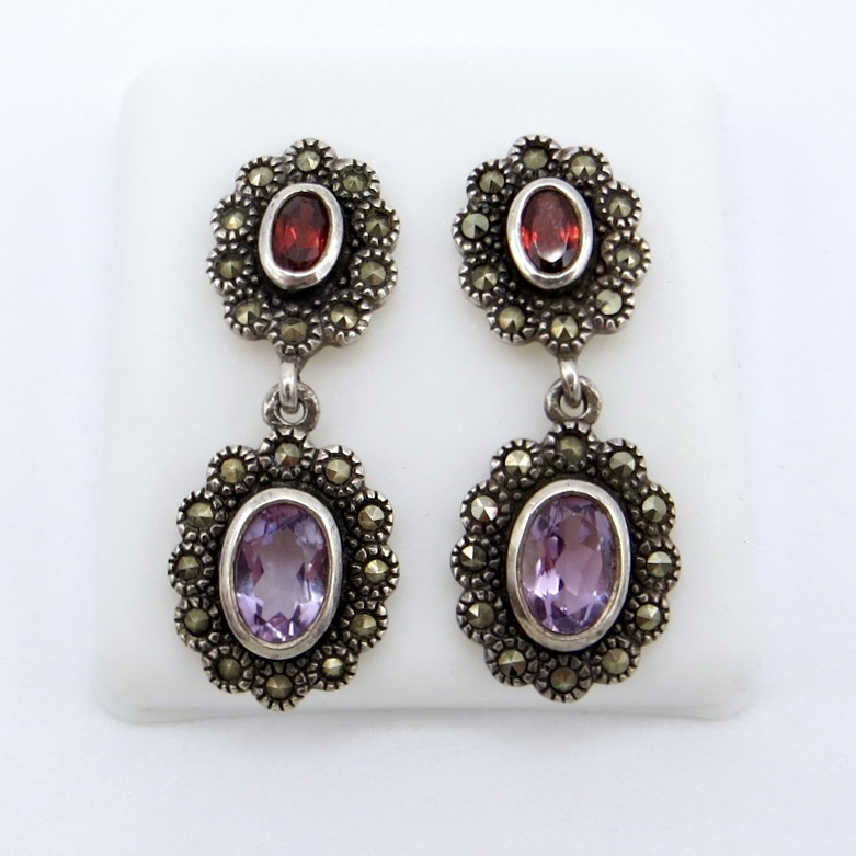 Silver, Garnet, Amethyst and Marcasite Earrings