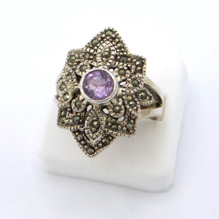 Silver, Amethyst and Marcasite Ring