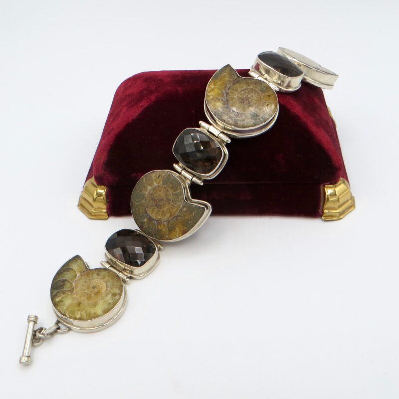 Silver, Smoky Quartz and Ammonite Bracelet