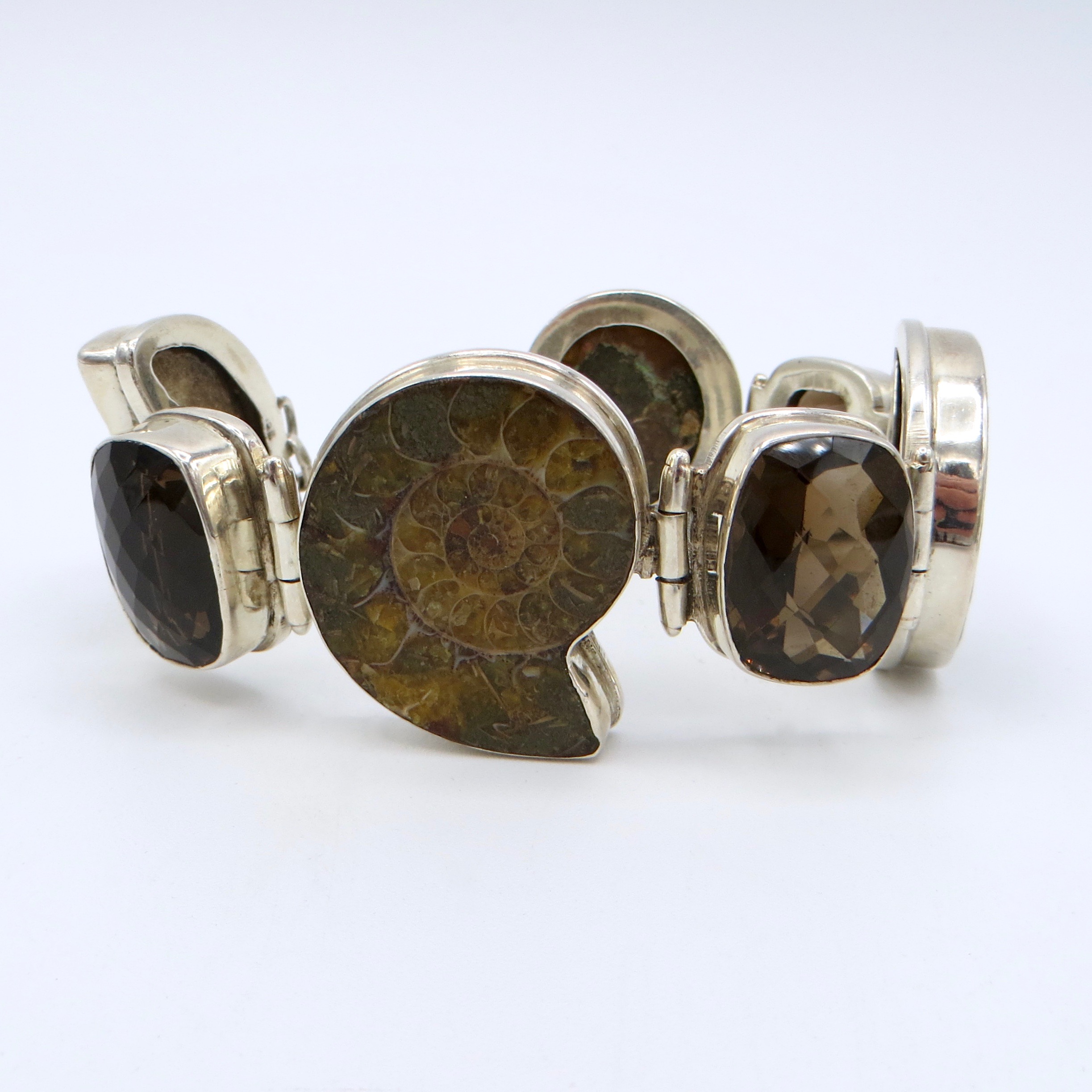 Silver, Smoky Quartz and Ammonite Bracelet