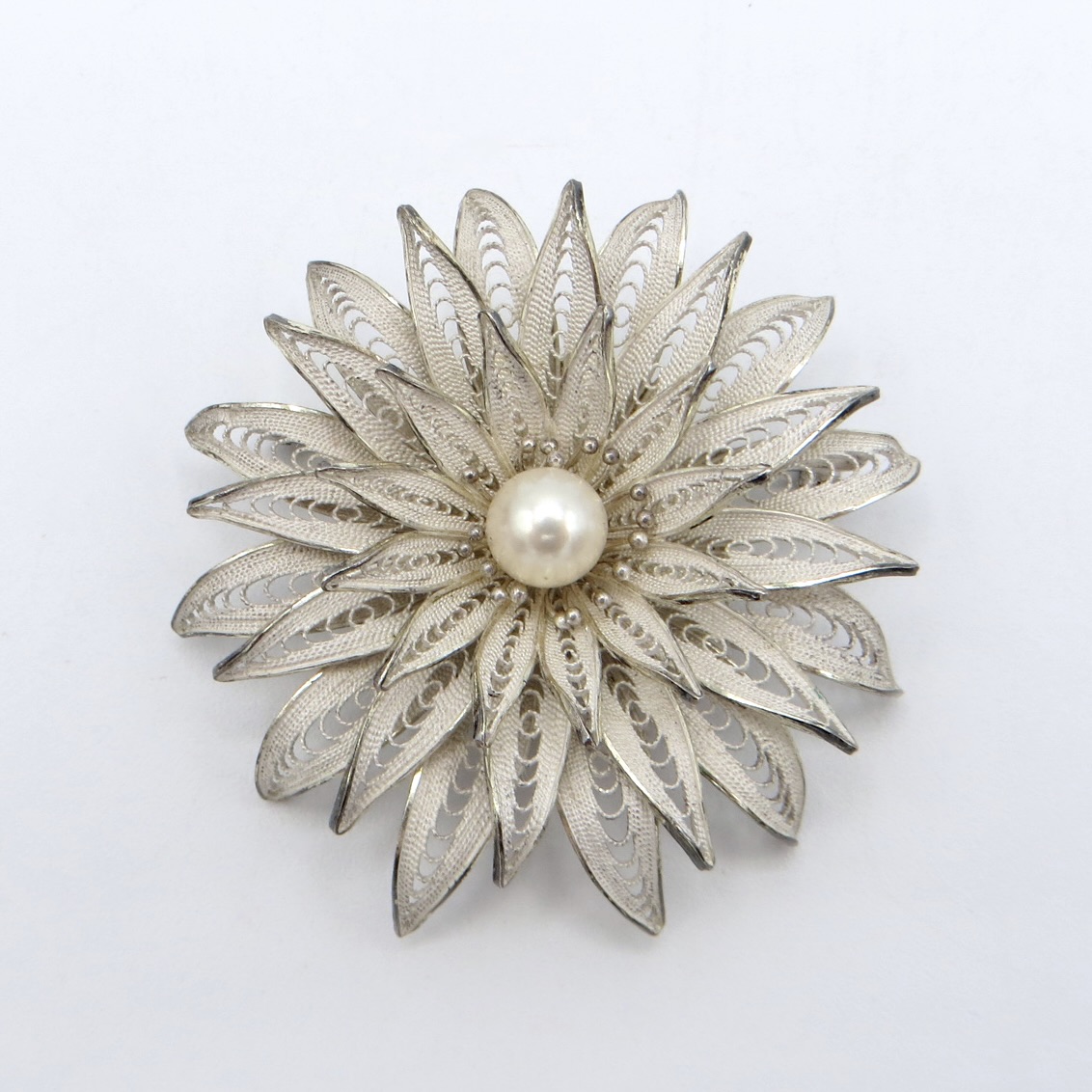 Silver and Pearl Flower Brooch