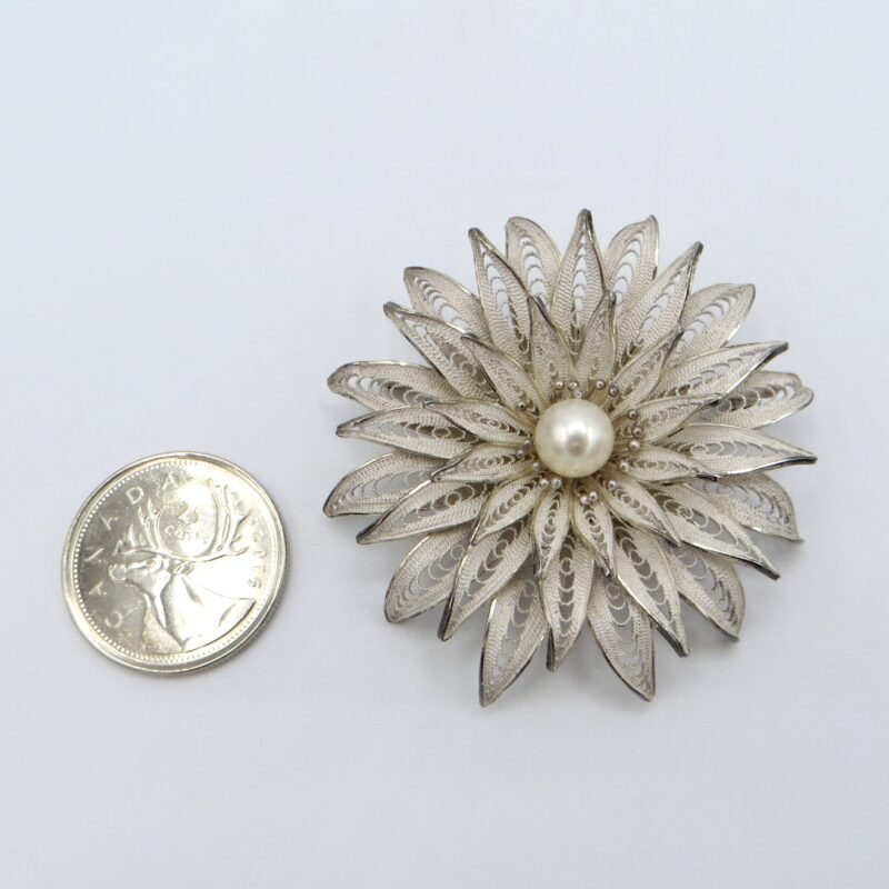 Silver and Pearl Flower Brooch