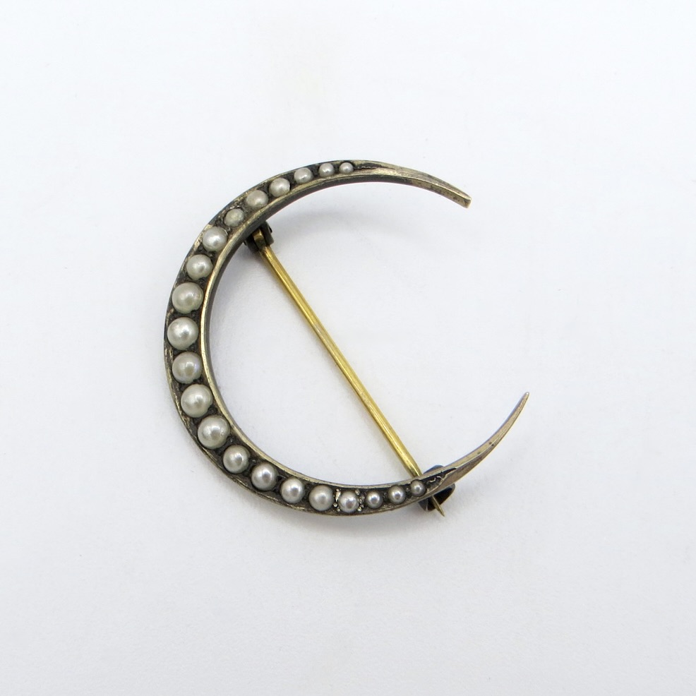Silver and Pearl Moon Brooch