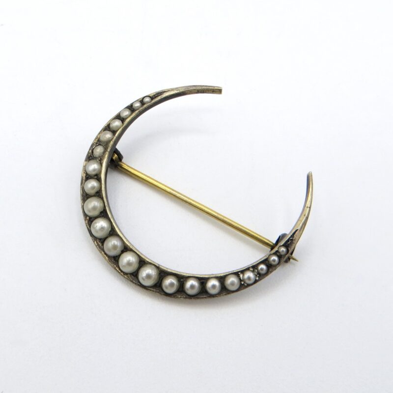 Silver and Pearl Moon Brooch