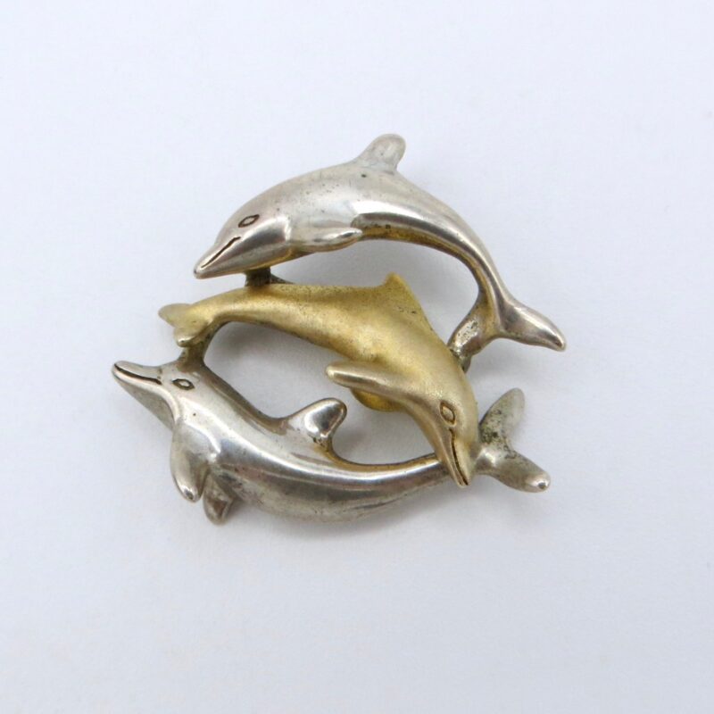 Round Silver Gilt Dolphin Brooch