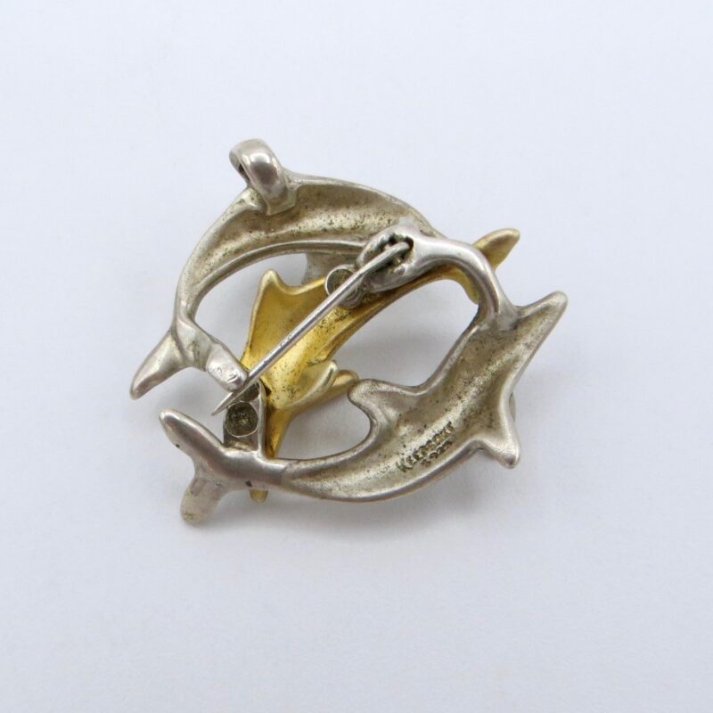 Round Silver Gilt Dolphin Brooch