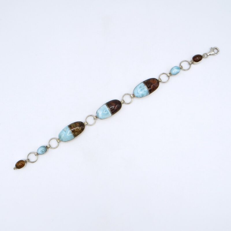 Sterling Silver, Larimar and Amber Bracelet