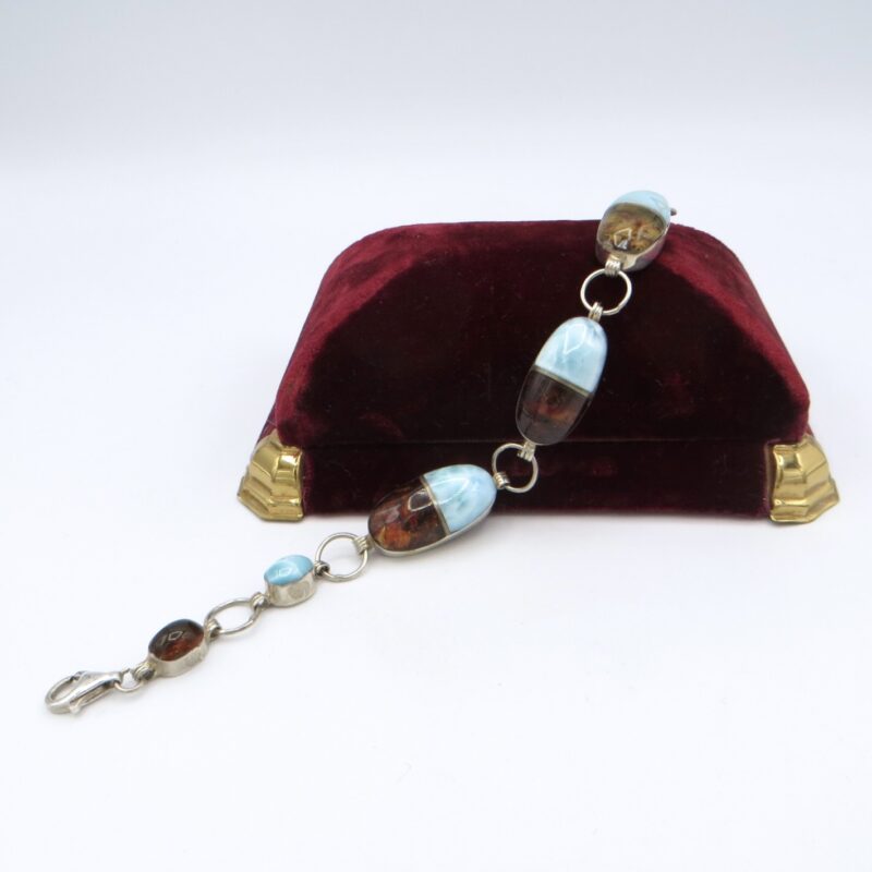 Sterling Silver, Larimar and Amber Bracelet