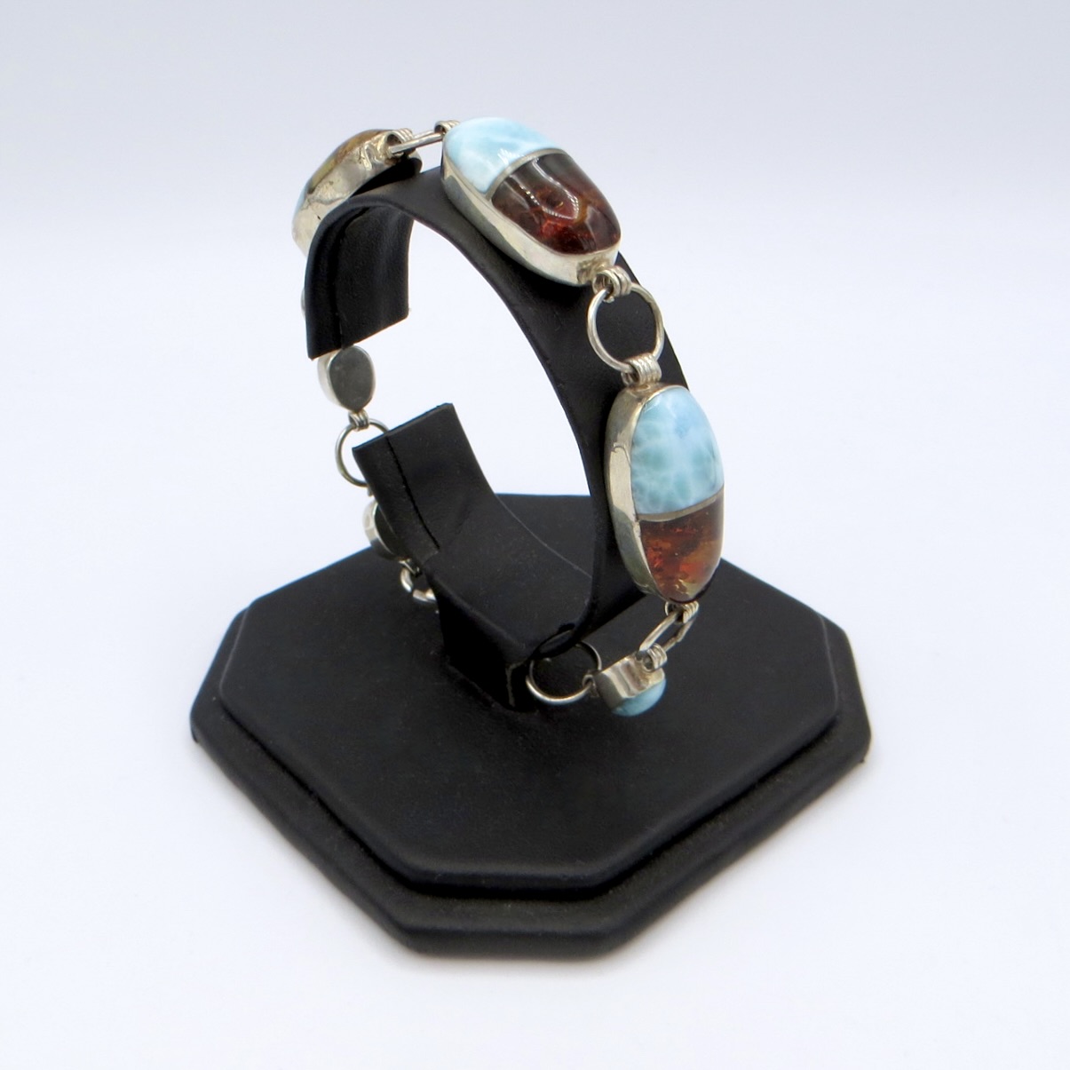 Sterling Silver, Larimar and Amber Bracelet