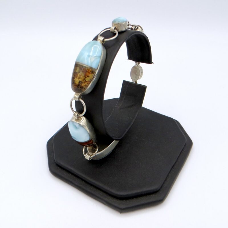 Sterling Silver, Larimar and Amber Bracelet