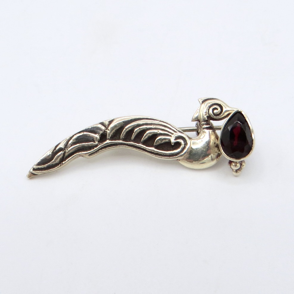 Silver and Garnet Bird Brooch